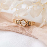 Old Mine Cut Buttercup Diamond ring with Black Enamel