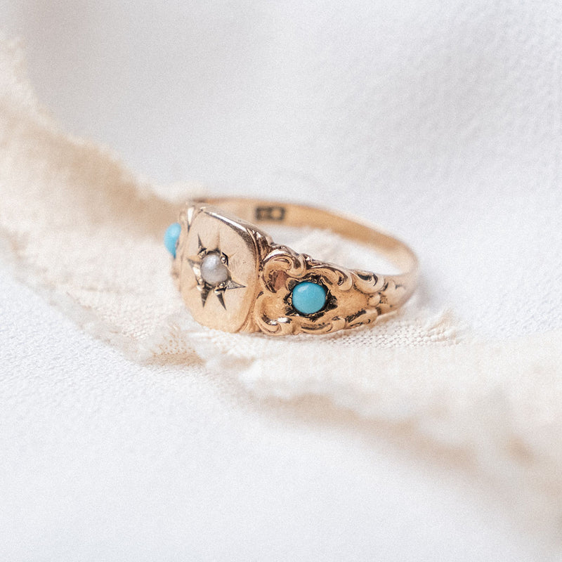 Ornamental Turquoise and Seed Pearl (10kt) Ring