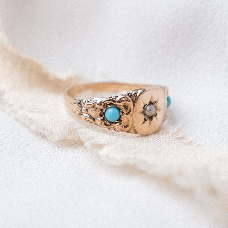 Ornamental Turquoise and Seed Pearl (10kt) Ring